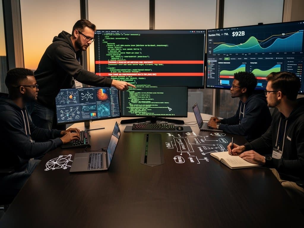 Engineers in high-tech lab auditing AI-generated Solidity code amid DeFi TVL charts and BTC price graphs