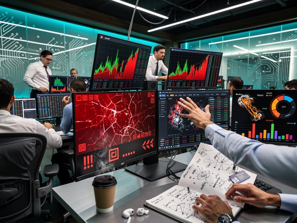 Digital glitch art of AI vulnerability cracking crypto charts and DeFi icons