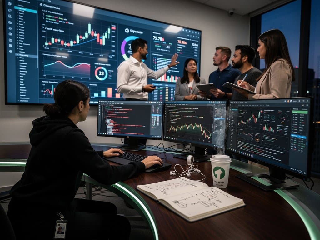 AI lab with engineers auditing code and papers amid server racks and BTC charts