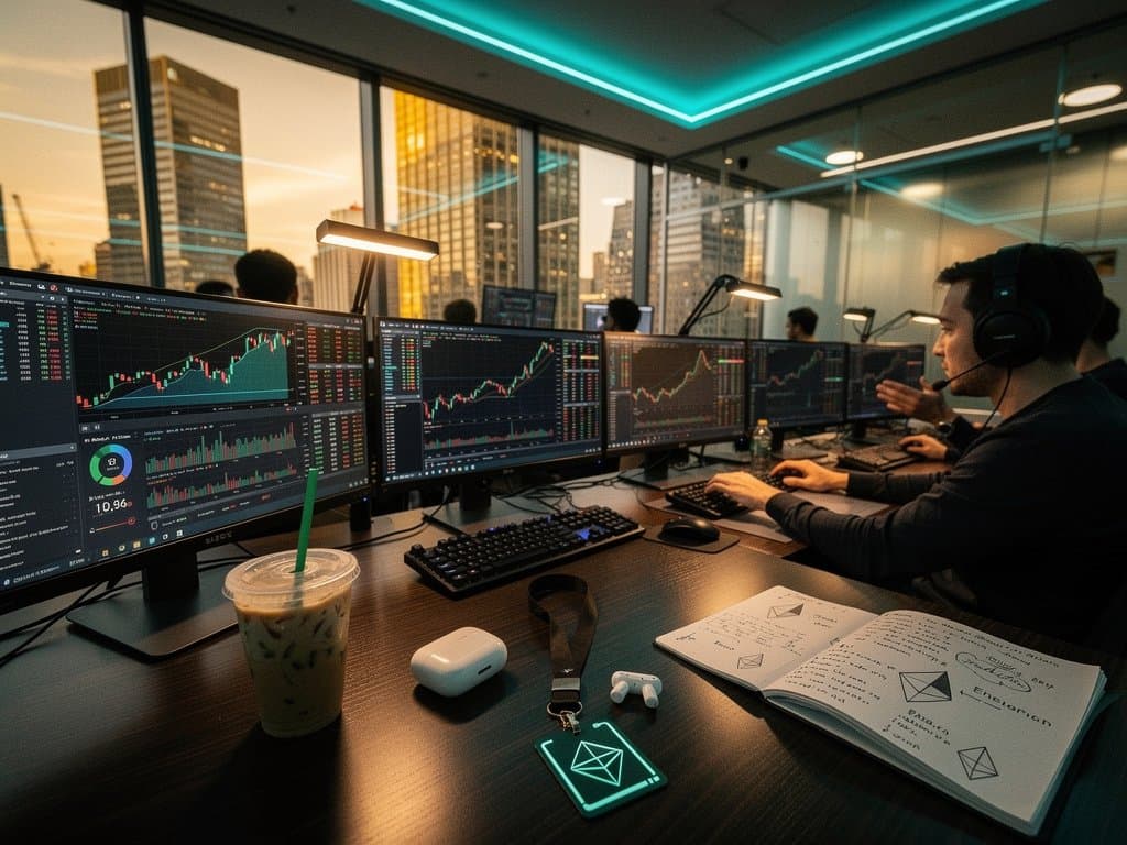 Crypto traders analyze Aadam Jacobs NFT floors, BTC $75,911 charts, Fear & Greed 33 on multi-monitors in modern trading floor