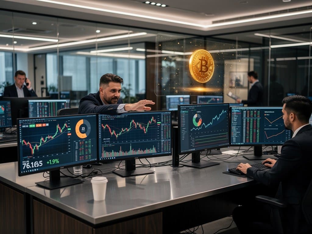 Crypto trading screens showing BTC $76K charts, Fear & Greed 33, and MicroStrategy buy data on modern desk setup