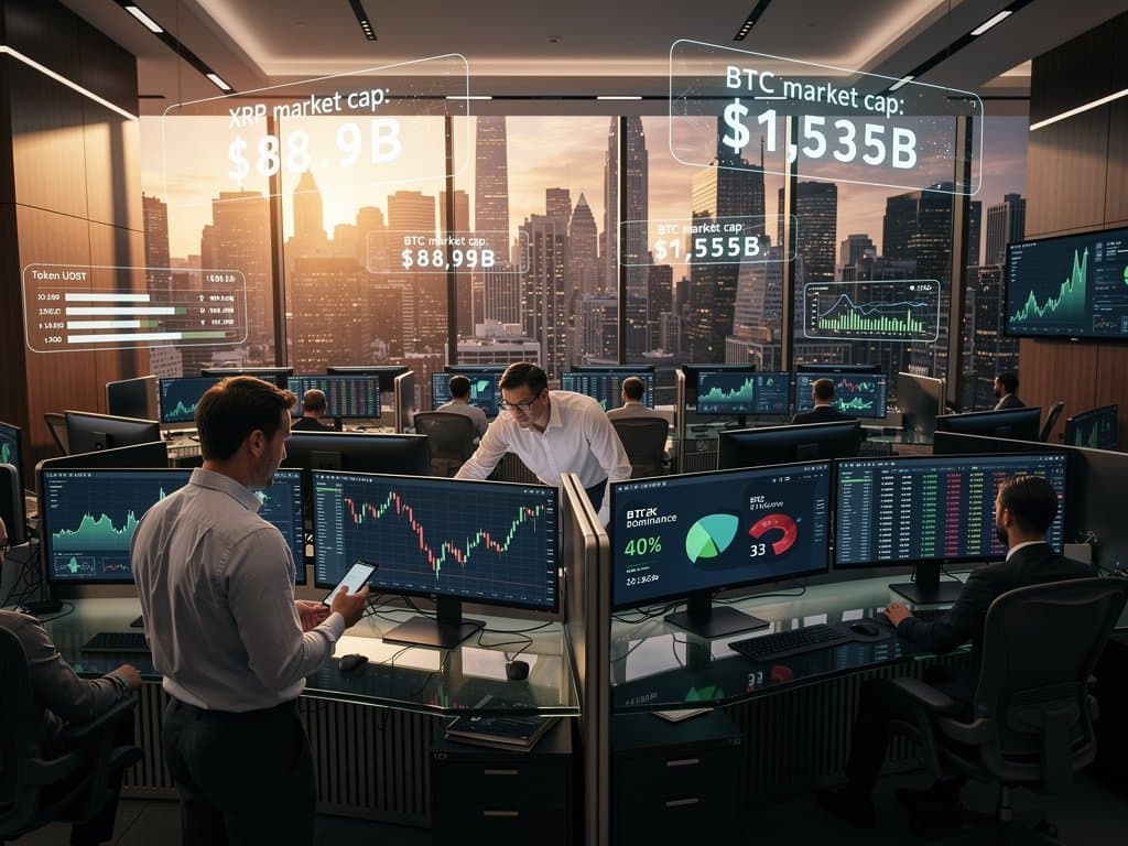 Trading desks with Bloomberg terminals showing XRP charts, BTC prices, and market data in high-tech office