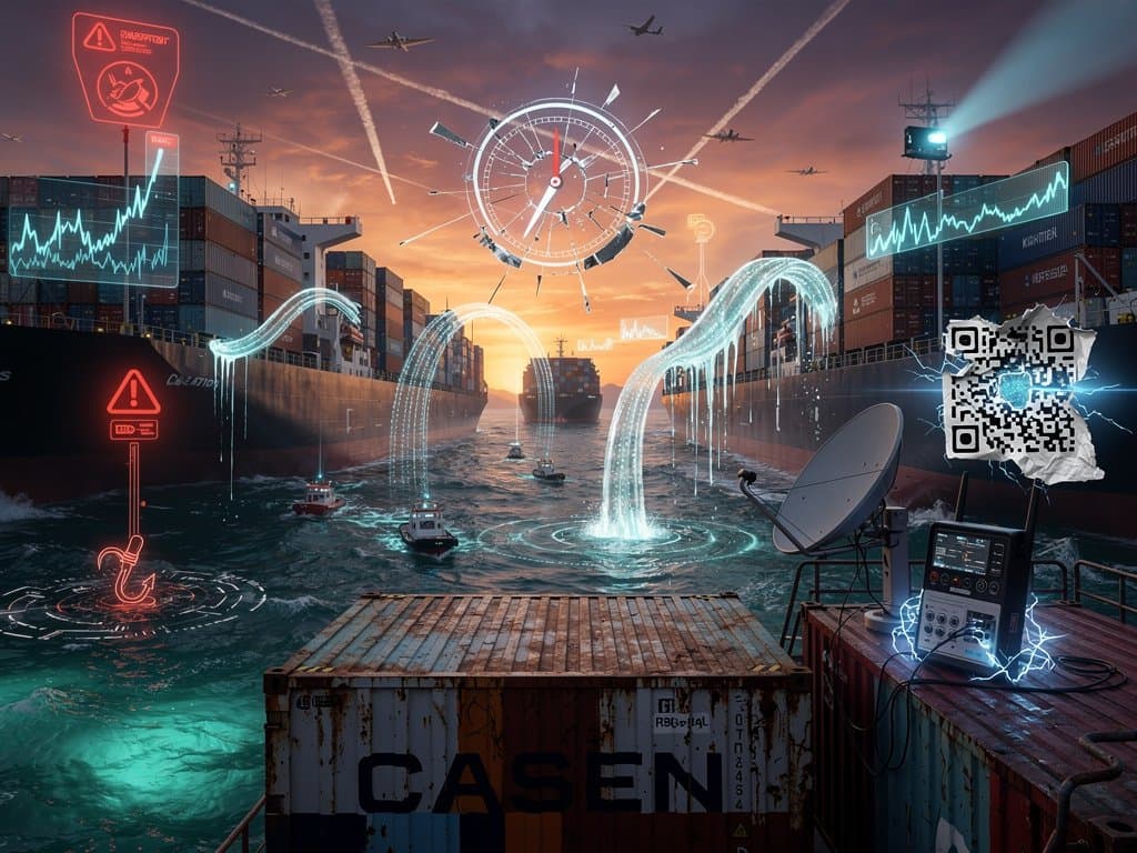 Ships in Strait of Hormuz under cyber scam alerts, BTC charts, Fear & Greed at 33 in neon cyberpunk style