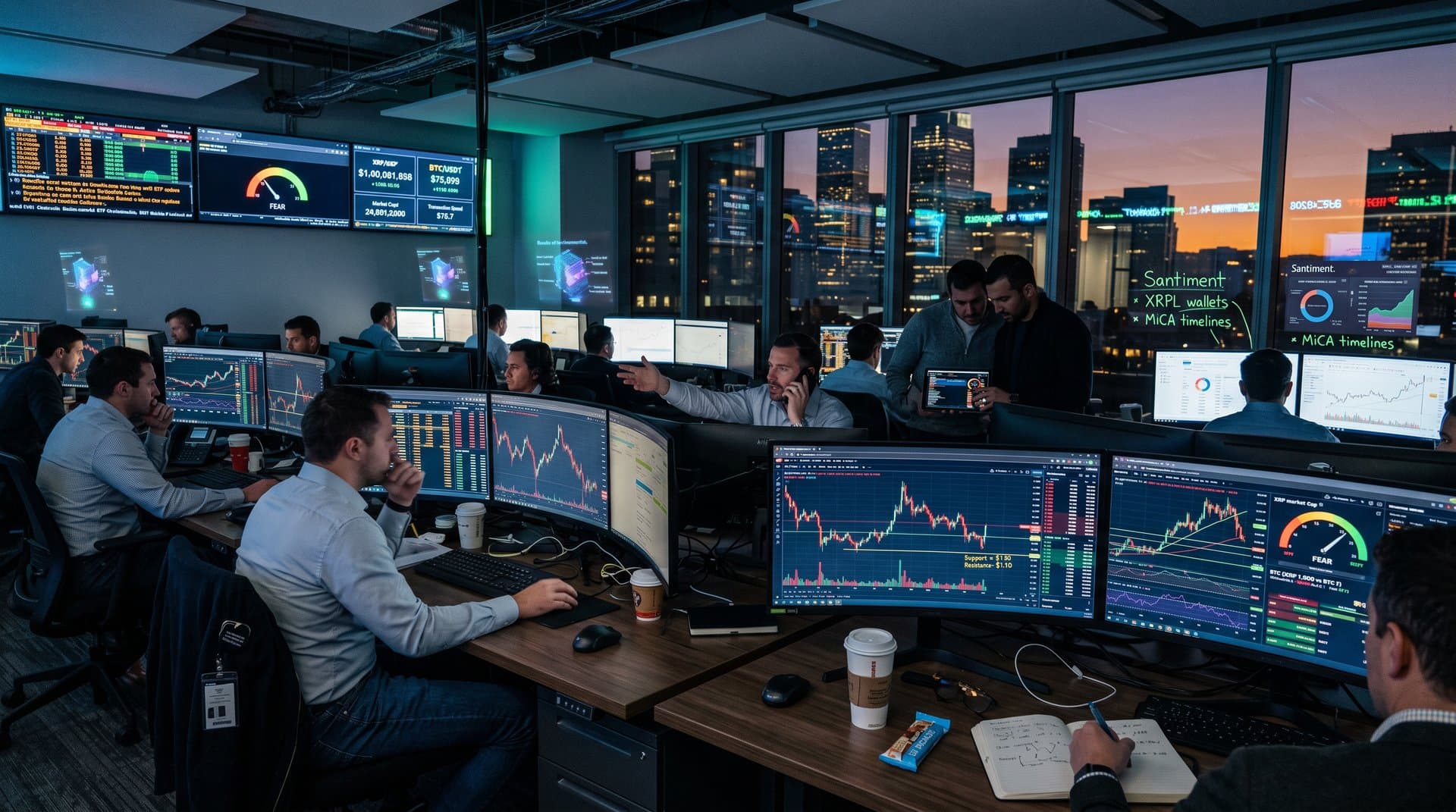 Traders at modern desks monitor XRP and BTC charts on multi-screen setups amid trading floor activity