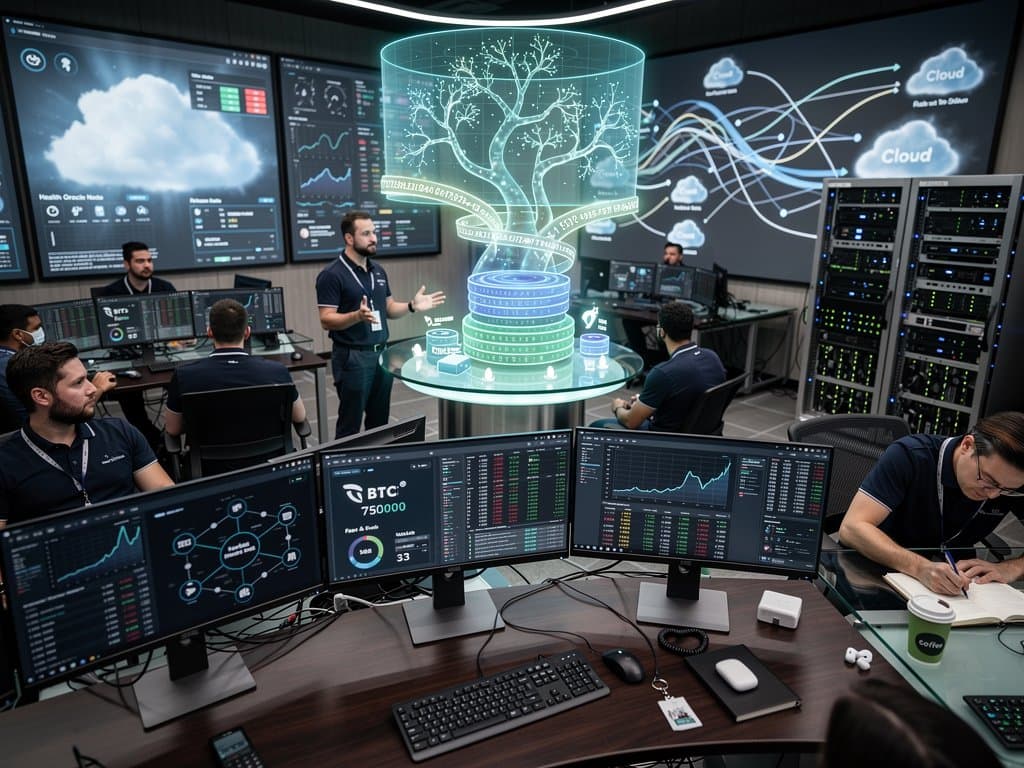 Healthcare AI center with blockchain DeFi pools, BTC chart at $75K, and tokenized data flows on holographic displays