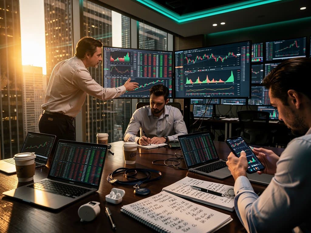 Traders at Bloomberg terminals analyze BTC charts at $75K amid multi-monitor setups and market data screens
