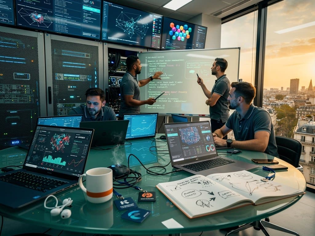 Orange Cyberdefense lab with AI dashboards showing crypto wallet threat detection, blockchain visualizations, and team collaboration on DeFi security