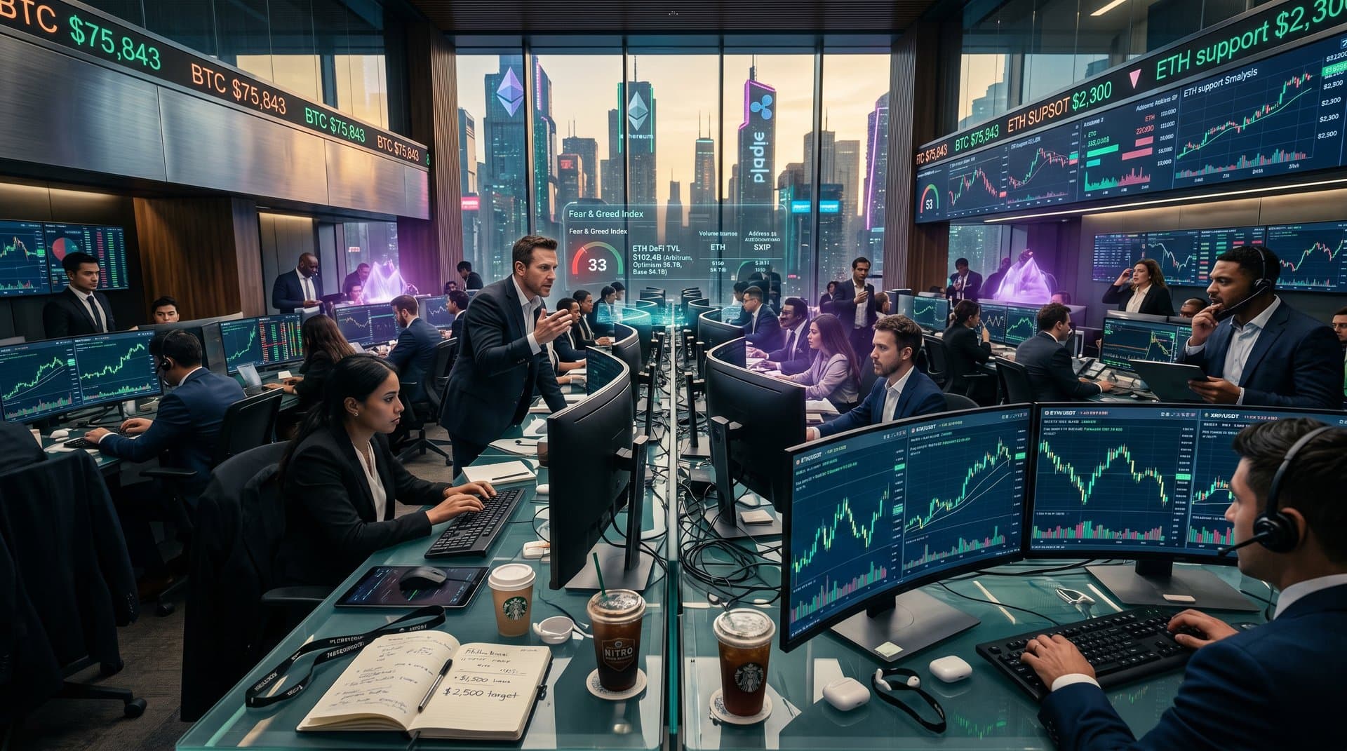 Crypto traders analyze ETH and XRP charts with DeFi TVL and Fear & Greed data on screens
