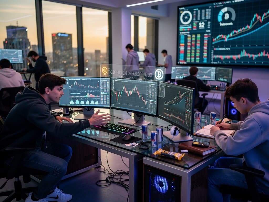 Gen Z crypto traders analyze DeFi charts and AI overlays on multi-monitor setups amid neon-lit trading environment