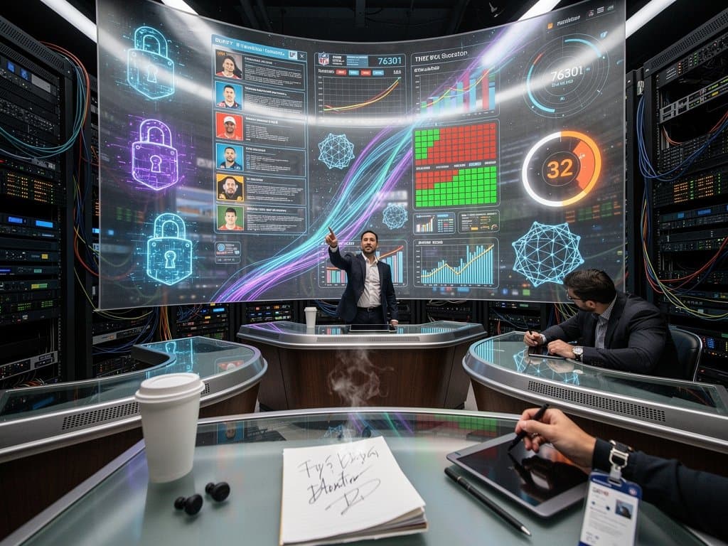 AI dashboard with NFL draft predictions, BTC charts at $76K, and cybersecurity elements in dark high-tech style
