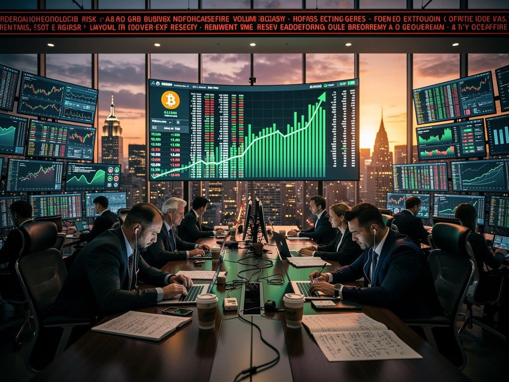 Analysts at trading floor study BTC and ETH charts on terminals amid live ceasefire news updates