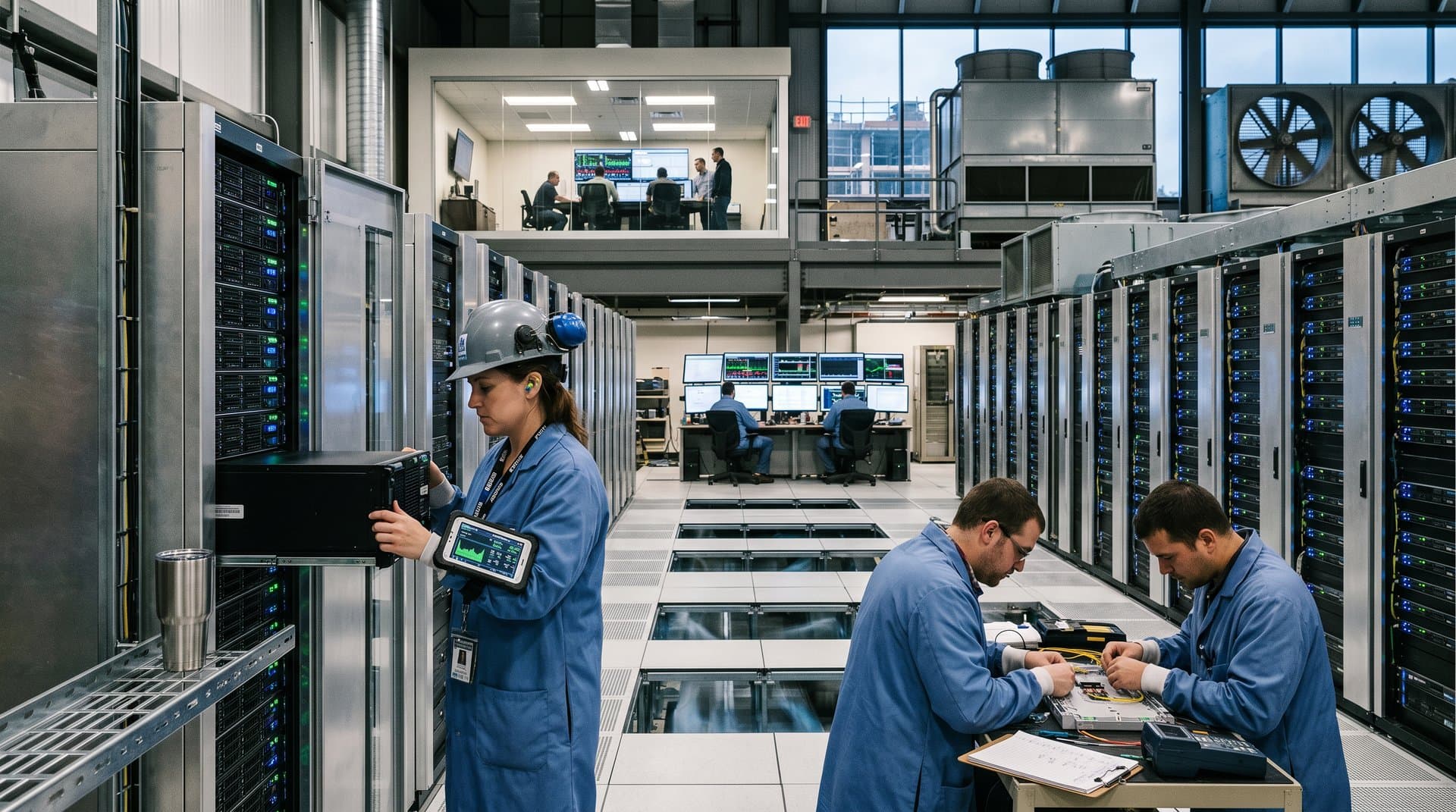 Engineer inserting server blade amid glowing racks and cooling systems in a premium Tier IV data center with control room monitors